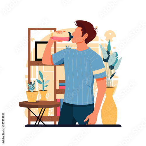 portrait of boy drinking standing up, flat design concept. vector illustration
