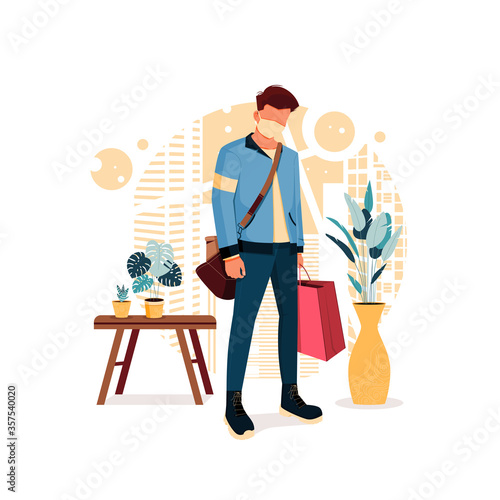 boy pose in stylish outfits and carry shopping bags, flat design concept. vector illustration