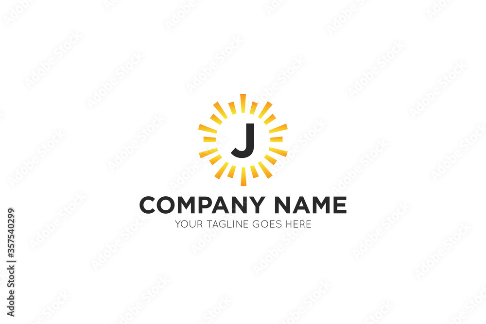 Fototapeta premium Initial letter j sun, solar logo and icon vector illustration