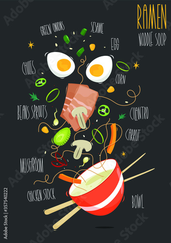 Ramen. Japanese ramen soup. Bowl of soup and ingredients. Vector illustration