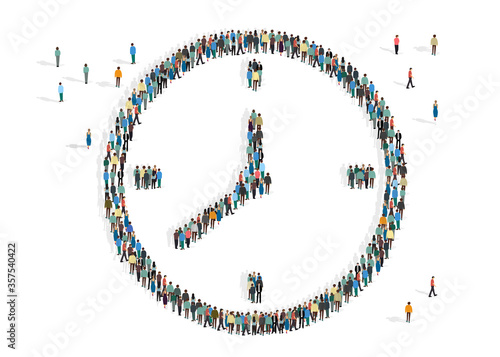 Volunteer your time. Clock made by people mob on white background, vector illustration in flat style