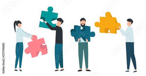 Collective work. Business team holding jigsaw puzzle pieces on white background, vector illustration in flat style