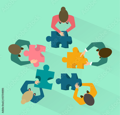 Teamwork and collaboration. Overhead view of company staff with puzzle pieces, vector illustration in flat style