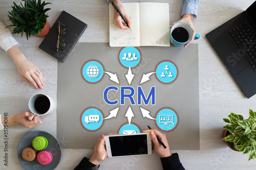 CRM Customer relationship management concept on office desktop. photo