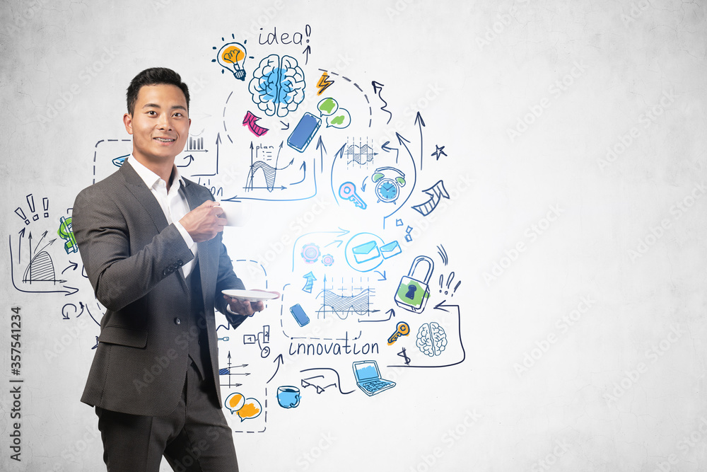 Asian man with coffee and his business strategy Asian man with coffee and his business strategy