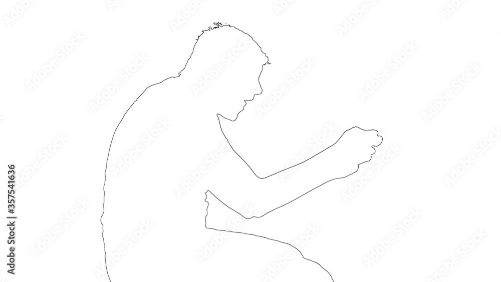 Outline profile white sketch of young gamer in big headphones is sitting on a couch, playing in video games on black background. Outline profile white sketch of young gamer in big headphones is sitting on a couch, playing in video games on black background.