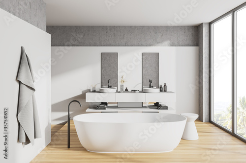Panoramic white and stone bathroom interior