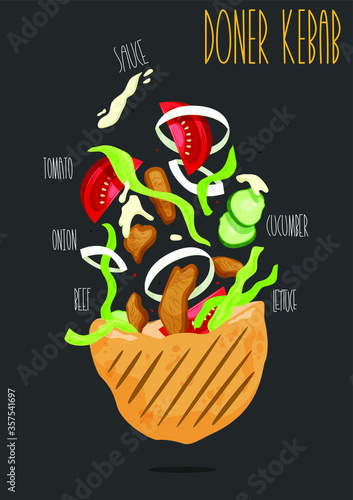 Doner kebab - grilled meat, bread and vegetables. Vector illustration