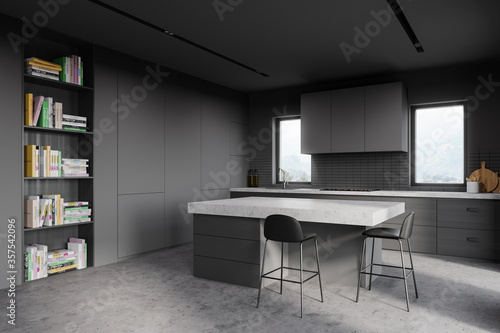 Grey kitchen corner with bar and bookshelves © ImageFlow