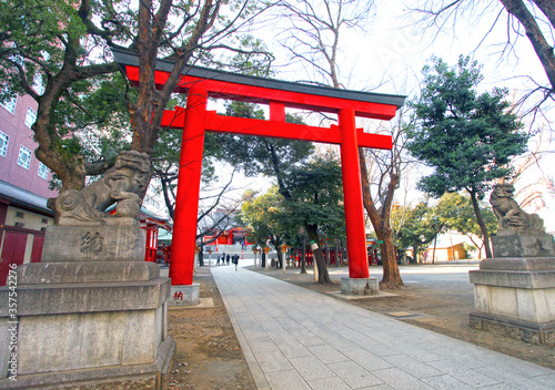 Red or vermilion torii gates at the Hanazono Jinja shrine  Shinjuku  Tokyo  Japan.