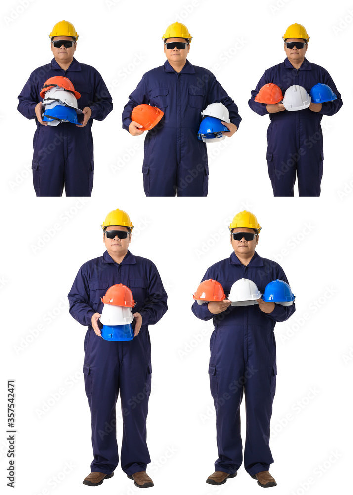 collection set of Full body portrait of a worker in Mechanic Jumpsuit isolated on white background