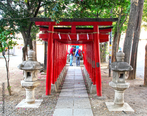 Red or vermilion torii gates at the Hanazono Jinja shrine, Shinjuku, Tokyo, Japan.