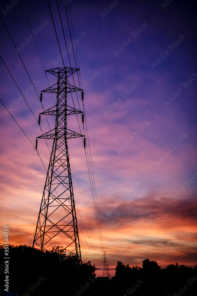 High voltage tower sky sunset background
