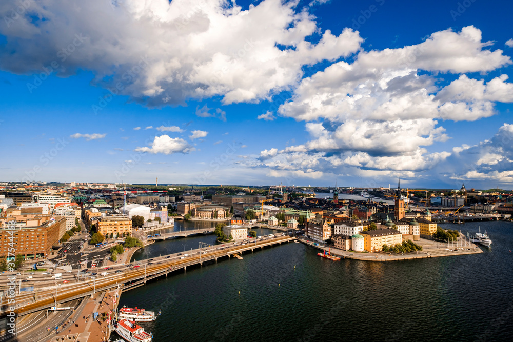 Panorama of Gamla Stan (Old Town) from top of Town Hall Tower in Stockholm, Sweden