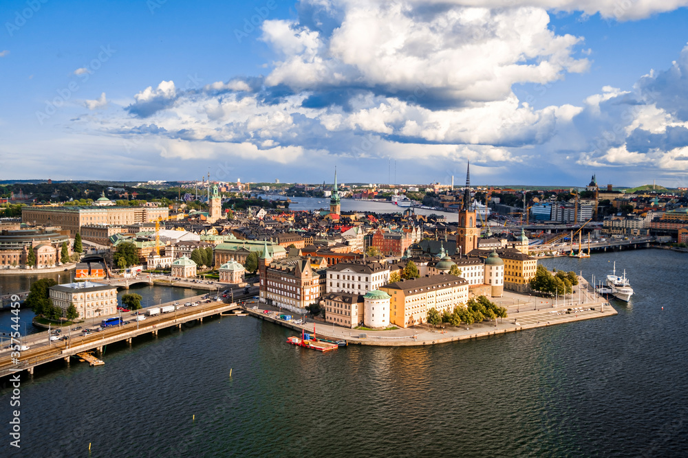Panorama of Gamla Stan (Old Town) from top of Town Hall Tower in Stockholm, Sweden