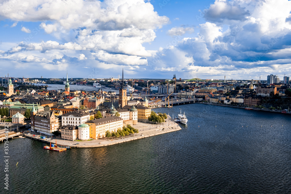 Fototapeta premium Panorama of Gamla Stan (Old Town) from top of Town Hall Tower in Stockholm, Sweden