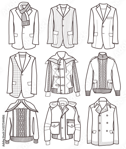 collection of men's jackets isolated on white background
