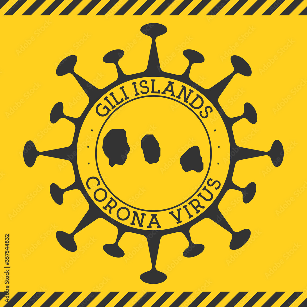 Corona virus in Gili Islands sign. Round badge with shape of virus and Gili Islands map. Yellow island epidemy lock down stamp. Vector illustration.