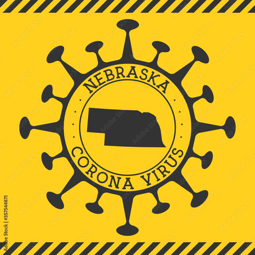 Corona virus in Nebraska sign. Round badge with shape of virus and Nebraska map. Yellow us state epidemy lock down stamp. Vector illustration.