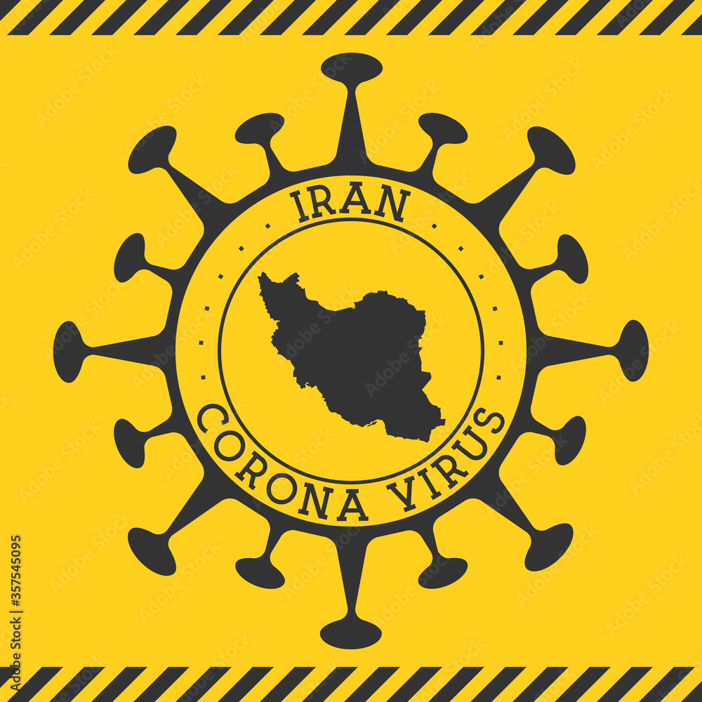 Corona virus in Iran sign. Round badge with shape of virus and Iran map. Yellow country epidemy lock down stamp. Vector illustration.