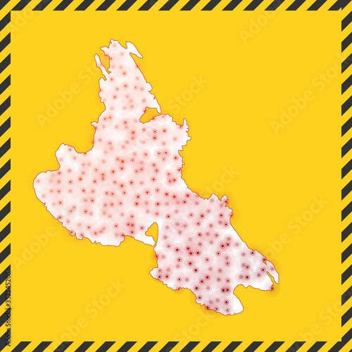 Krk closed - virus danger sign. Lock down island icon. Black striped border around map with virus spread concept. Vector illustration.