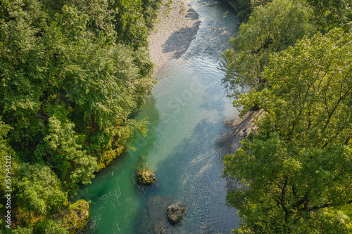 Drone view of the Serio river during the day, Val Seriana Bergamo. © robertobinetti70