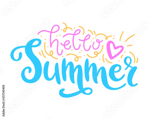 Hello summer handwritten lettering phrase with doodle elements. Vector calligraphy composition isolated on white background. Typography design for sticker, card, poster, web banner, social media.