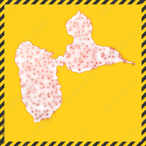 Grande-Terre closed - virus danger sign. Lock down island icon. Black striped border around map with virus spread concept. Vector illustration.