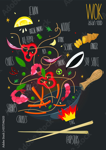 Wok. Flipping Asian food in a pan. Udon stir-fry noodles with shrimp and vegetables in wok pan. Vector illustration