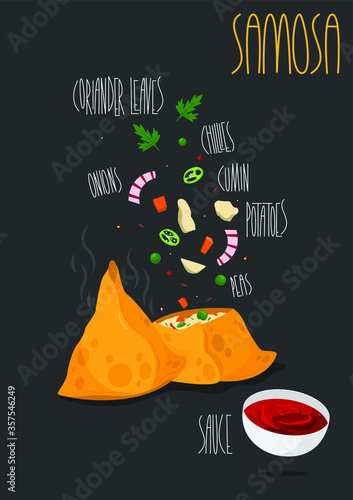 Indian food samosa. Vector illustration