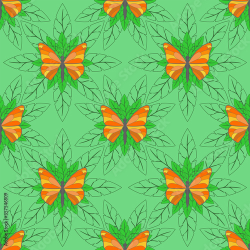 Seamless pattern with clipping mask. Orange butterfly on green leaves staggered EPS10