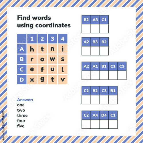 Educational game for preschool and school age children. Find words using coordinates. Puzzle worksheet page.