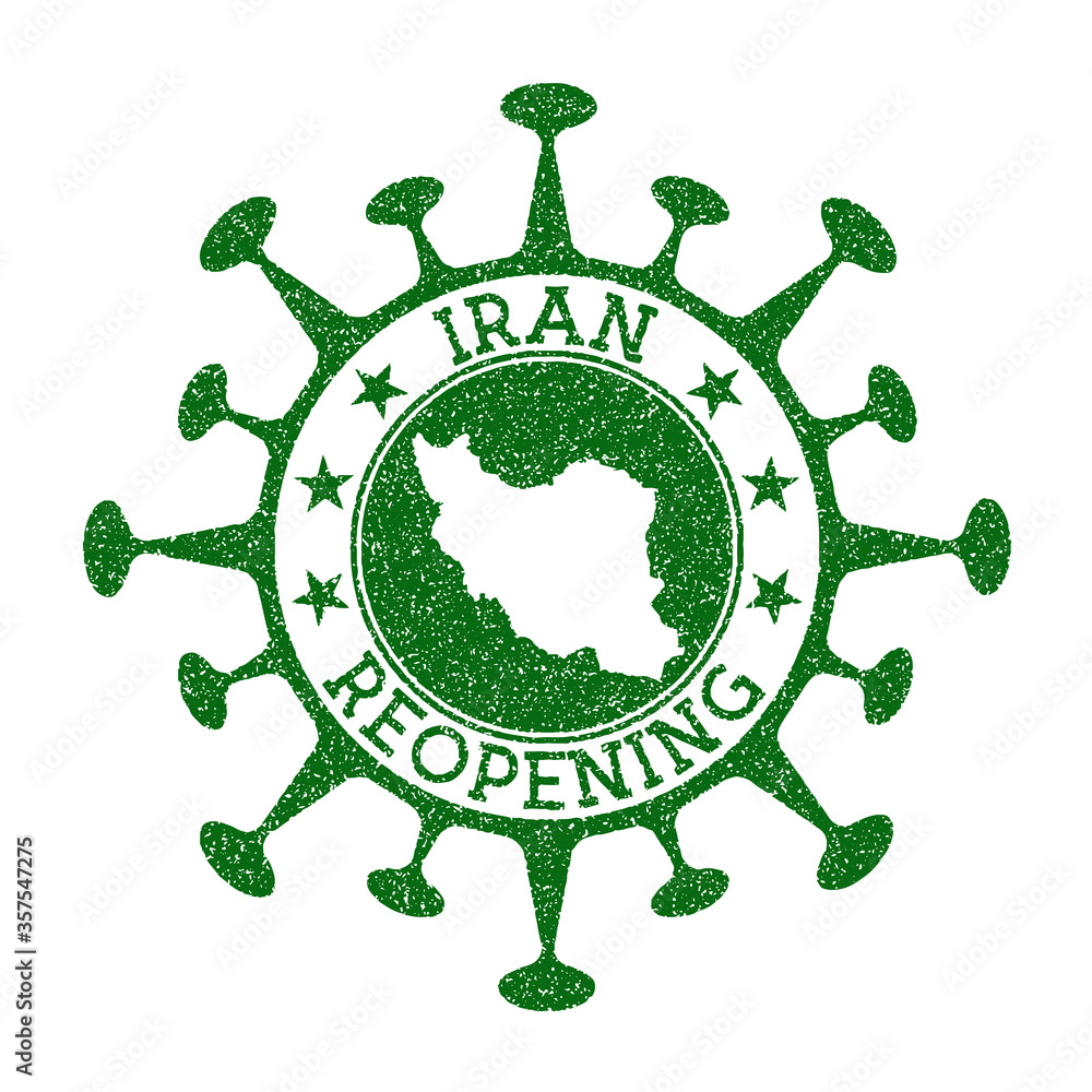 Iran Reopening Stamp. Green round badge of country with map of Iran. Country opening after lockdown. Vector illustration.