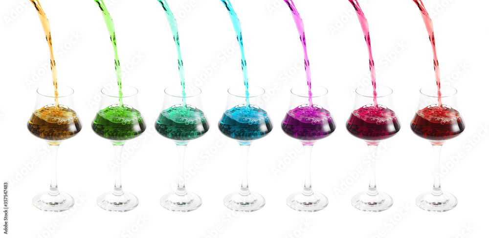 Group of pouring color cocktail in glass on white background Group of pouring color cocktail in glass on white background