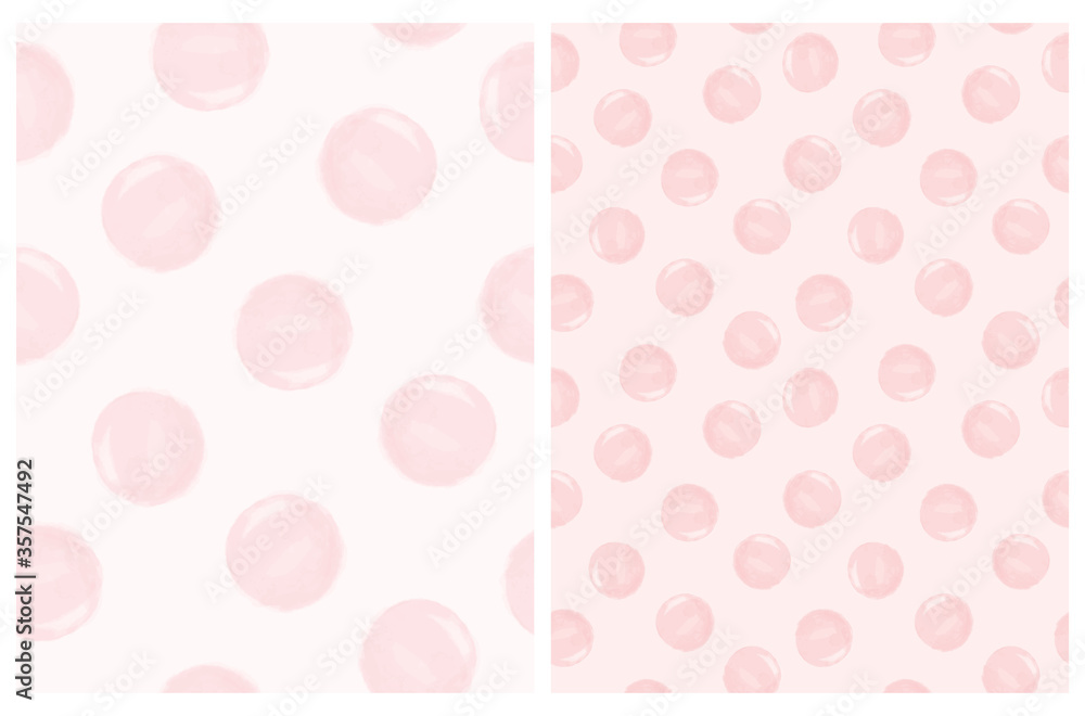 Cute Irregular Polka Dots Seamless Vector Patterns. Hand Drawn Abstract Pink Brush Dots on an Off-White and Light Pink Backgrounds. Bright Watercolor Style Vector Print. Simple Dotted Layout.