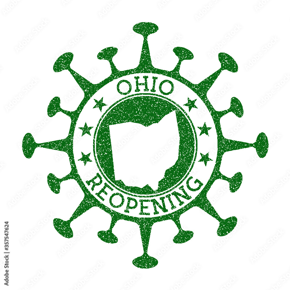 Ohio Reopening Stamp. Green round badge of us state with map of Ohio. Us state opening after lockdown. Vector illustration.