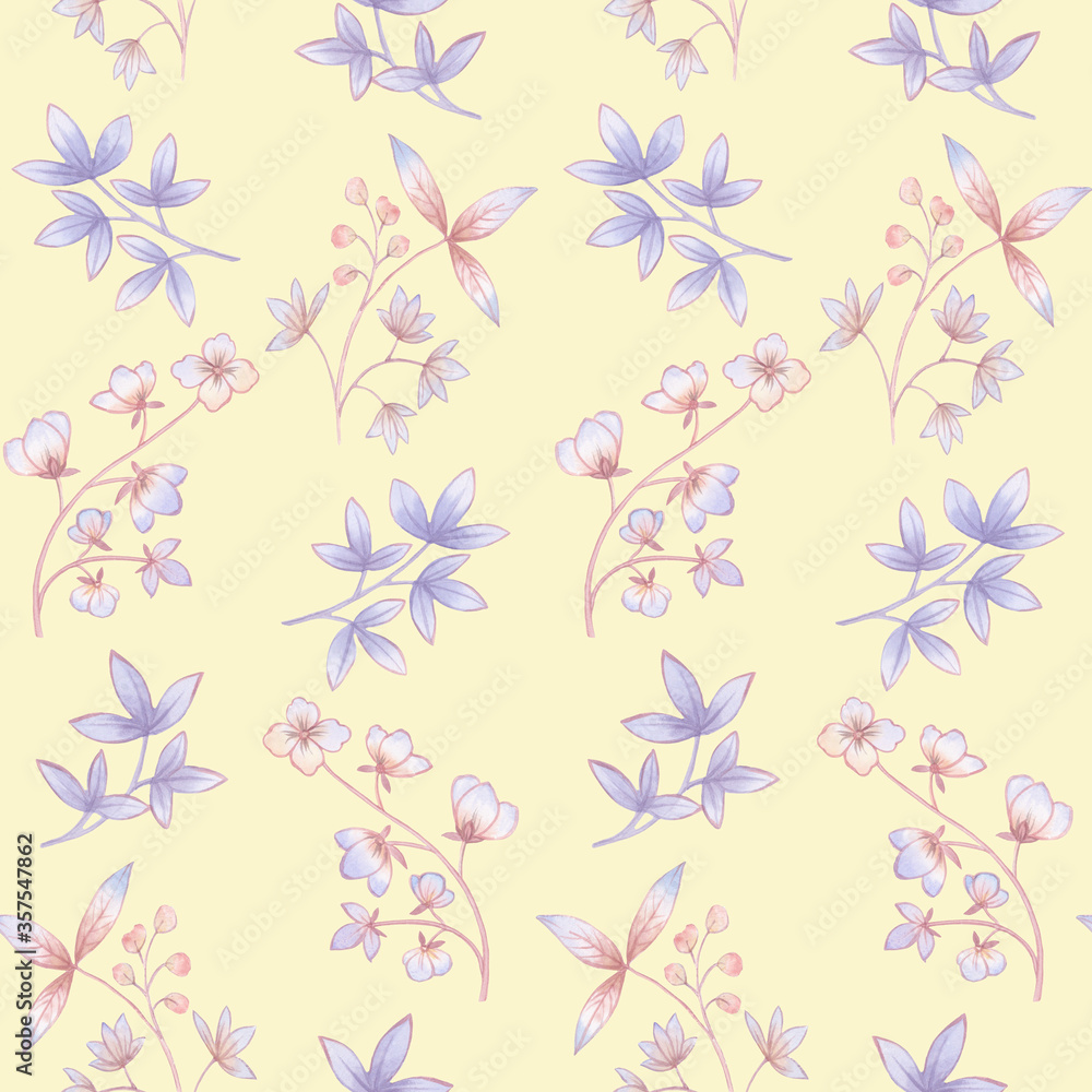Seamless botanical pattern painted in watercolor on a light green background. Delicate ornament of flowers and leaves for wallpaper and wrapping paper.