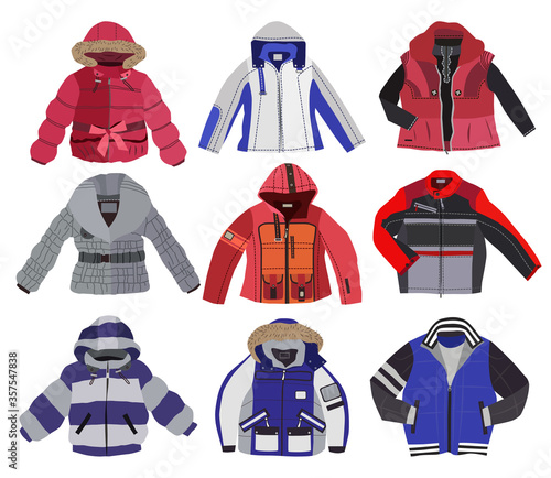 set of children's jackets isolated on white background