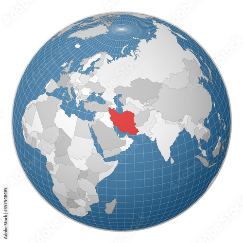 Globe centered to Iran. Country highlighted with green color on world map. Satellite world projection. Awesome vector illustration.