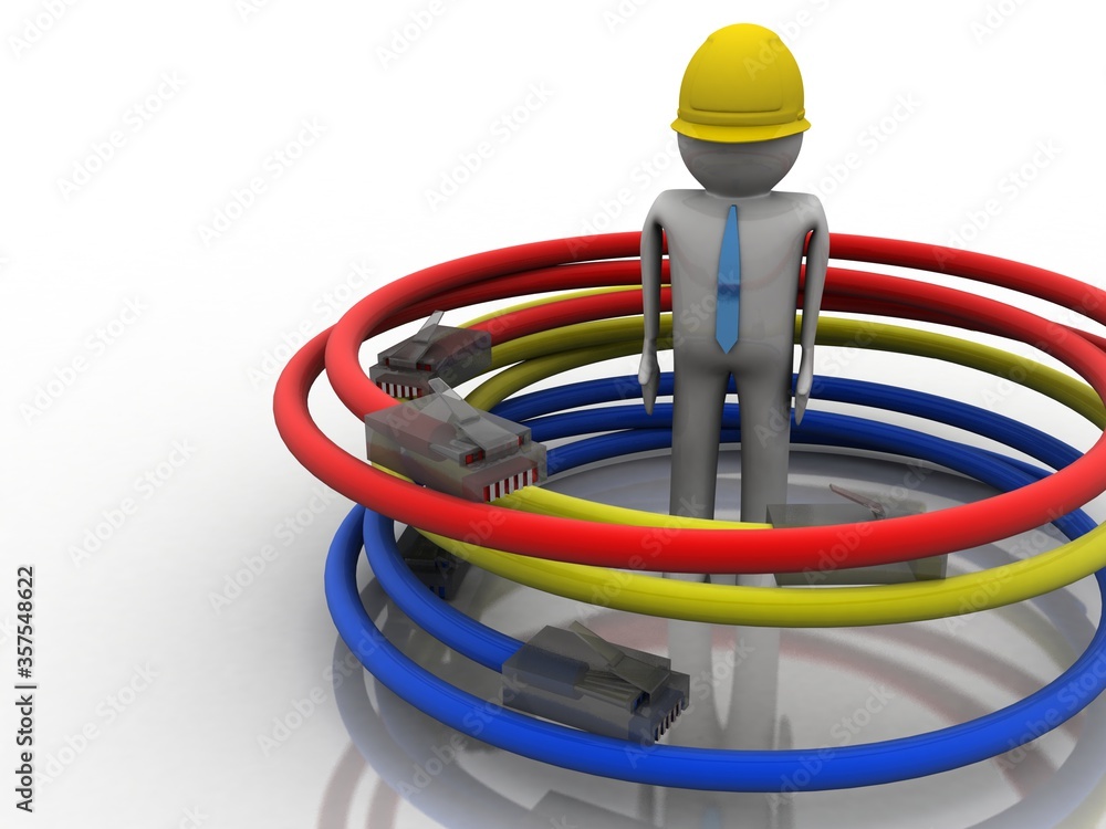 3d rendering Network connection, internet communication and computer technology concept, closeup view of curved Ethernet cable plug connector with technician 3d rendering Network connection, internet communication and computer technology concept, closeup view of curved Ethernet cable plug connector with technician
