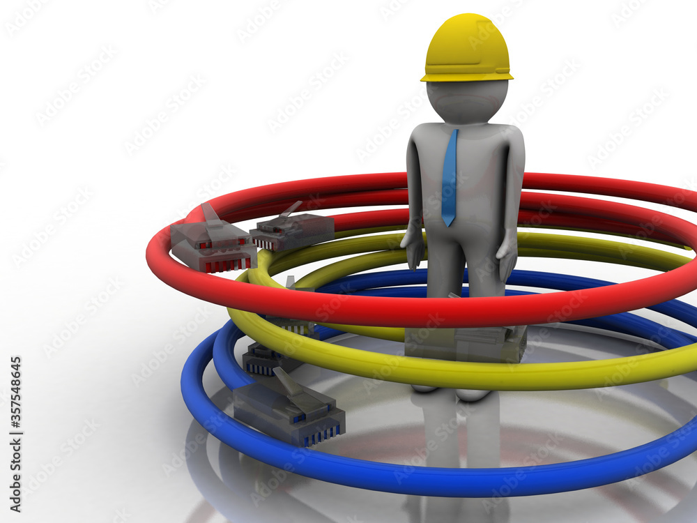 3d rendering Network connection, internet communication and computer technology concept, closeup view of curved Ethernet cable plug connector with technician 3d rendering Network connection, internet communication and computer technology concept, closeup view of curved Ethernet cable plug connector with technician