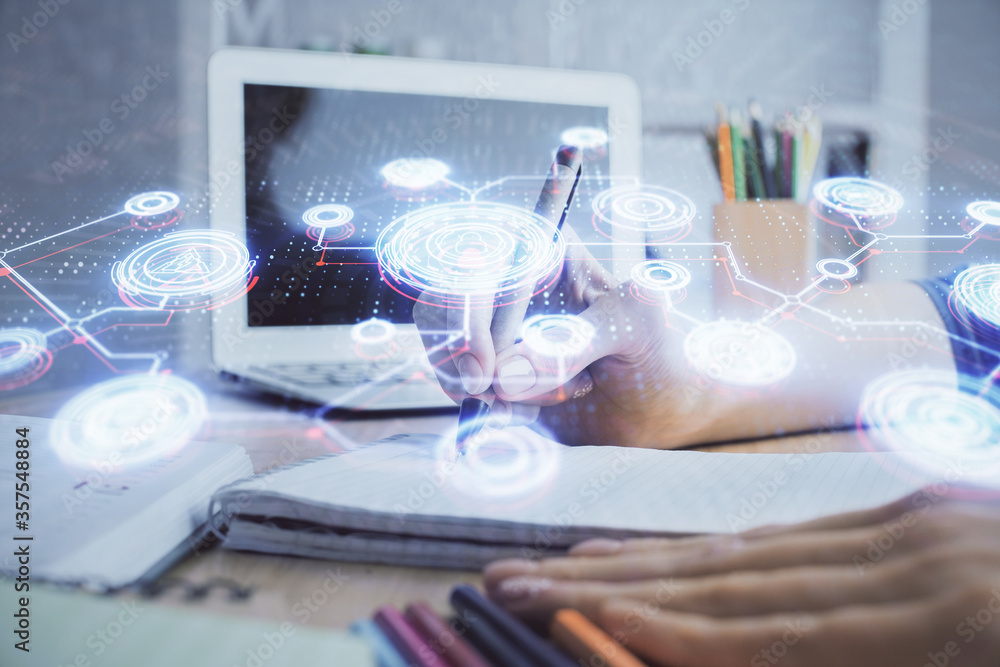 Social network theme hologram over woman's hands writing background. Concept of international people connect. Double exposure