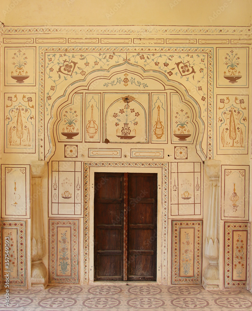 Aram Mandir and Charbagh Garden in Jaigarh Fort. Jaipur. Rajasthan India 2011. inside view of Jaigarh Fort. Architecture of Jaigarh fort. wall painted with Natural Colors.