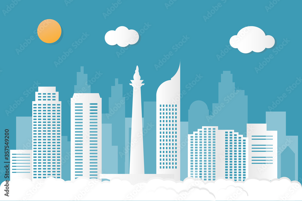 Jakarta City skyline using paper cut design. Jakarta landmark as Indonesia capital