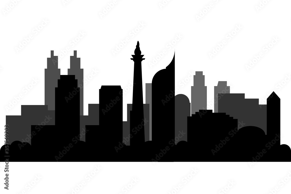Jakarta City skyline silhouete. Jakarta landmark as Indonesia capital - Cityscape