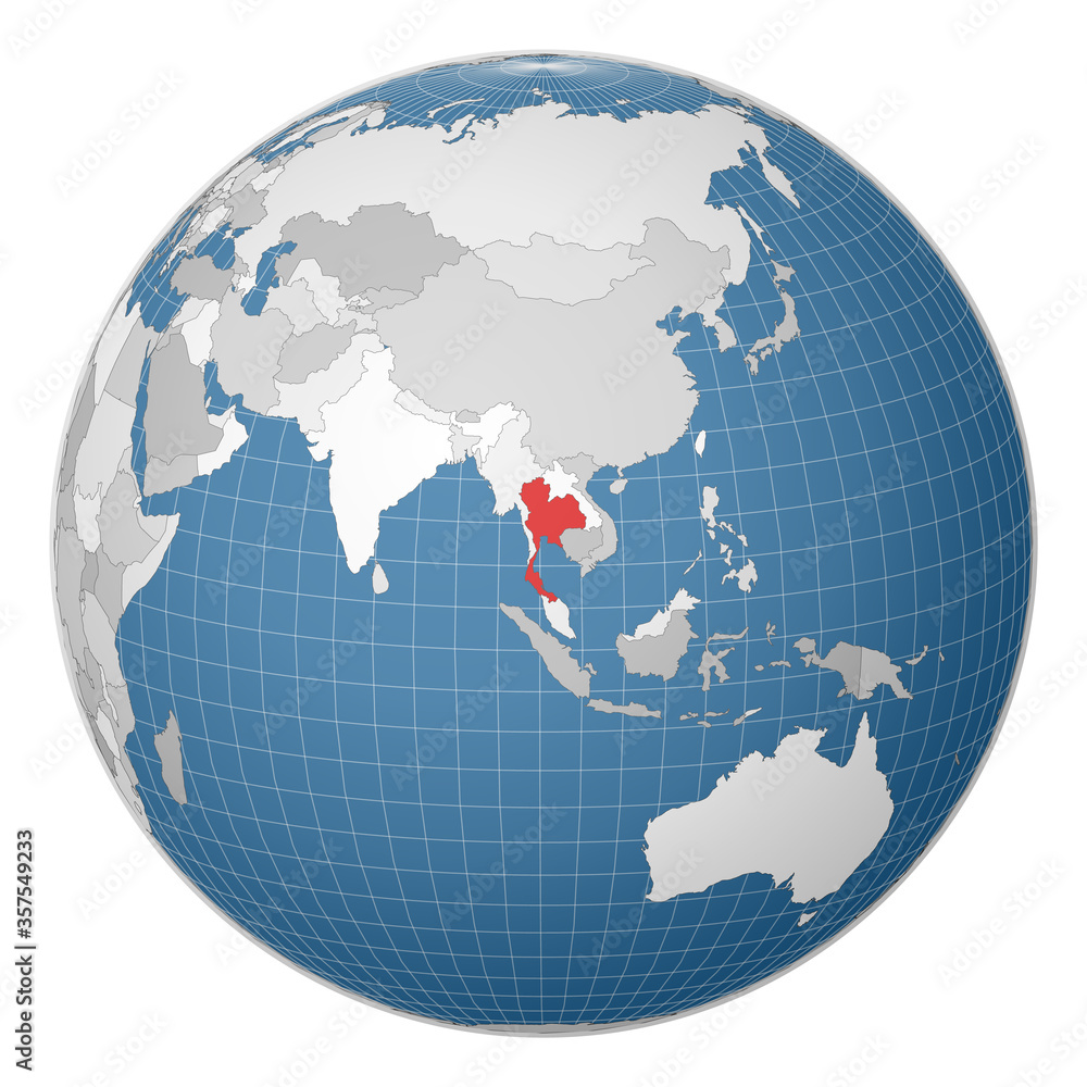 Globe centered to Thailand. Country highlighted with green color on world map. Satellite world projection. Superb vector illustration. Globe centered to Thailand. Country highlighted with green color on world map. Satellite world projection. Superb vector illustration.