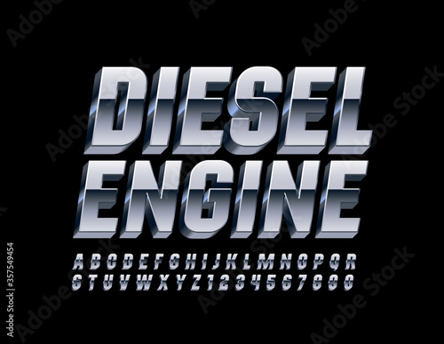 Vector aluminium metal banner Diesel Engine. 3D Chrome Font. Platinum ALphabet Letters and Numbers