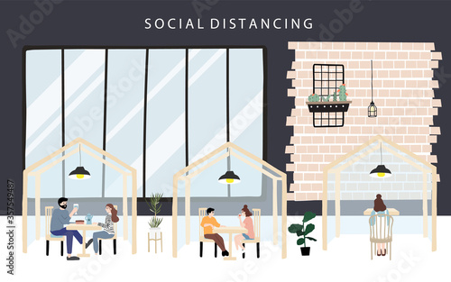 People men and woman are talking,eating in restaurant.Social distancing in new normal