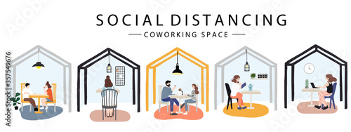 People men and woman are working, meeting in working space with laptop.Social distancing in new normal style