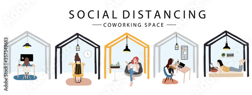 woman are working in working space with laptop.Social distancing in new normal style